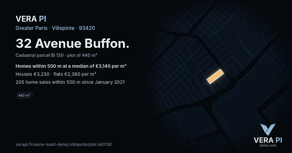 32 Avenue Buffon, Villepinte at night – the plot lit, the parcels around coloured by the prices near them