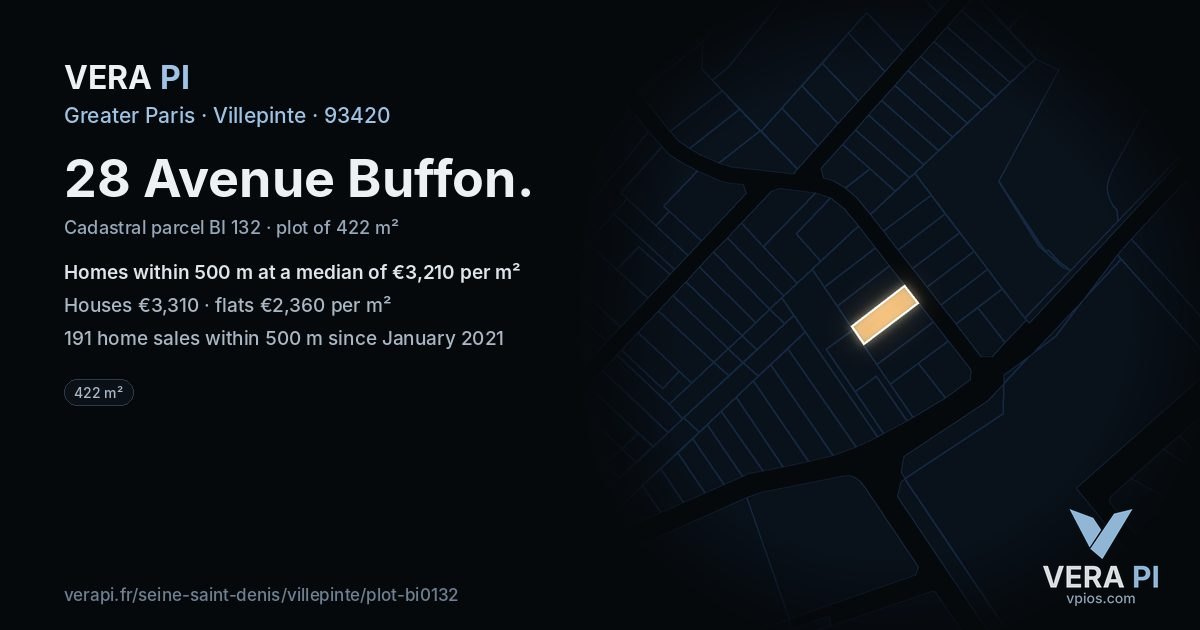 28 Avenue Buffon, Villepinte at night – the plot lit, the parcels around coloured by the prices near them