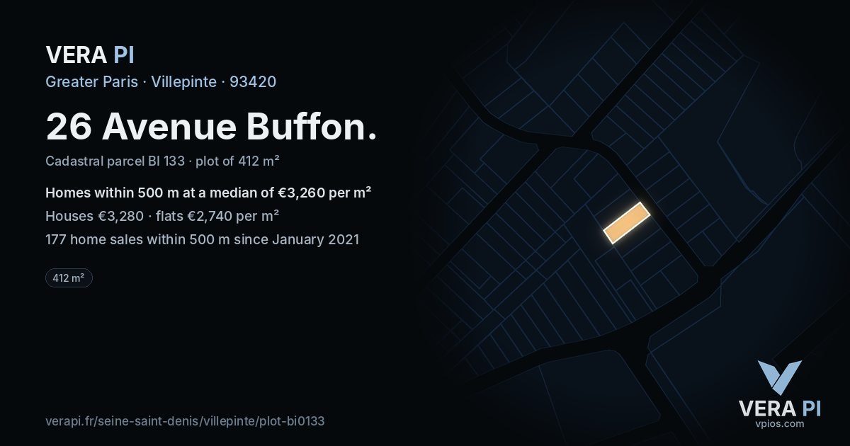 26 Avenue Buffon, Villepinte at night – the plot lit, the parcels around coloured by the prices near them