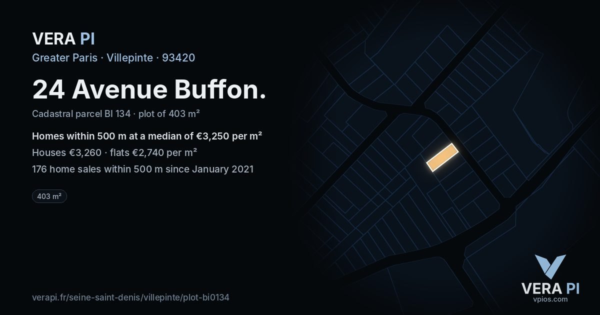 24 Avenue Buffon, Villepinte at night – the plot lit, the parcels around coloured by the prices near them