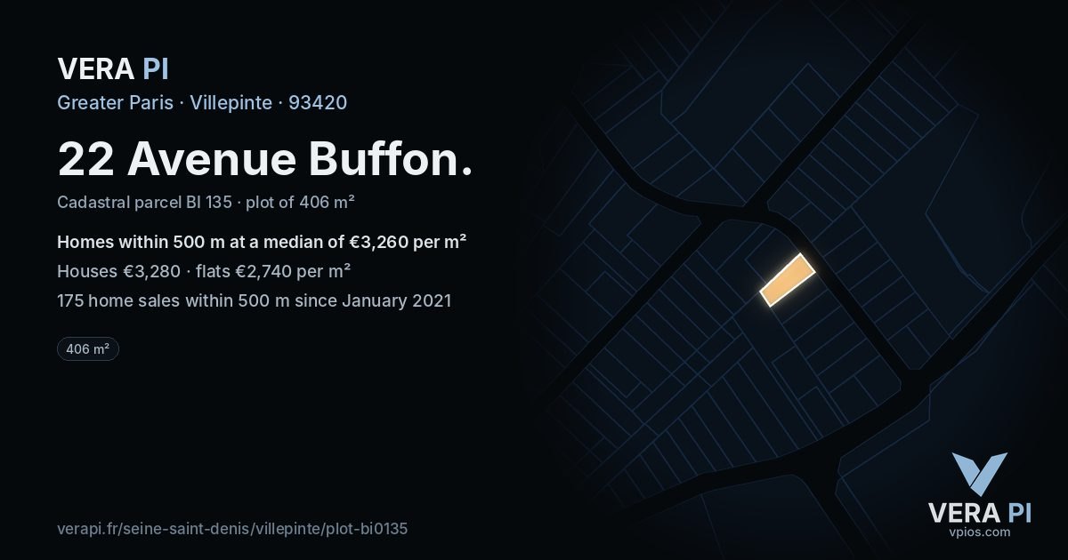 22 Avenue Buffon, Villepinte at night – the plot lit, the parcels around coloured by the prices near them