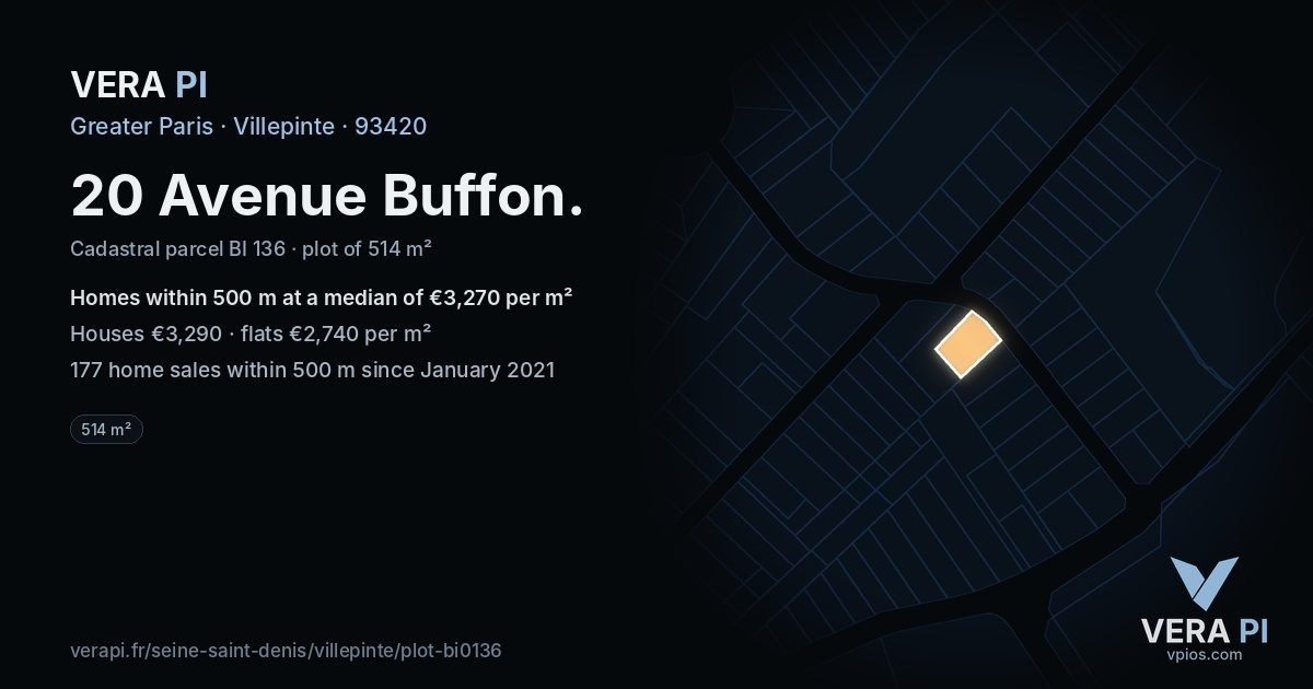 20 Avenue Buffon, Villepinte at night – the plot lit, the parcels around coloured by the prices near them