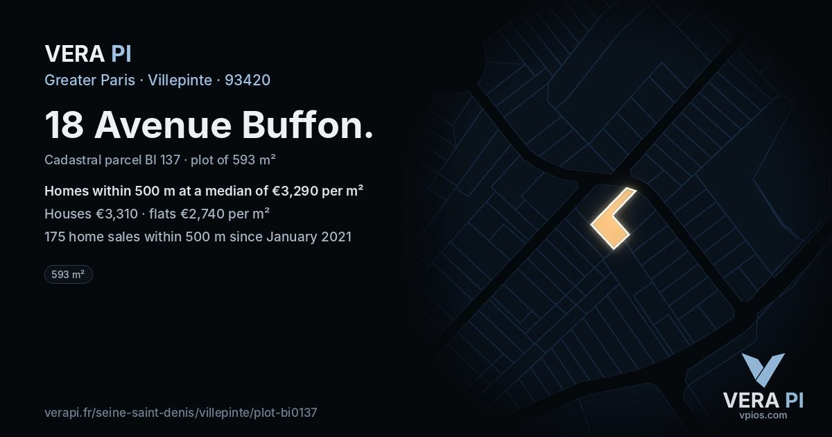 18 Avenue Buffon, Villepinte at night – the plot lit, the parcels around coloured by the prices near them