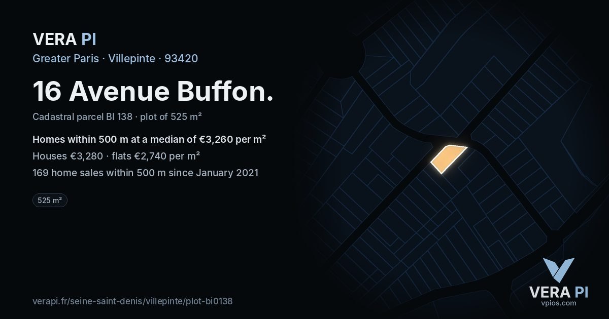 16 Avenue Buffon, Villepinte at night – the plot lit, the parcels around coloured by the prices near them
