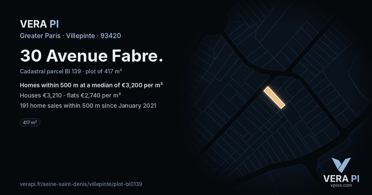30 Avenue Fabre, Villepinte at night – the plot lit, the parcels around coloured by the prices near them