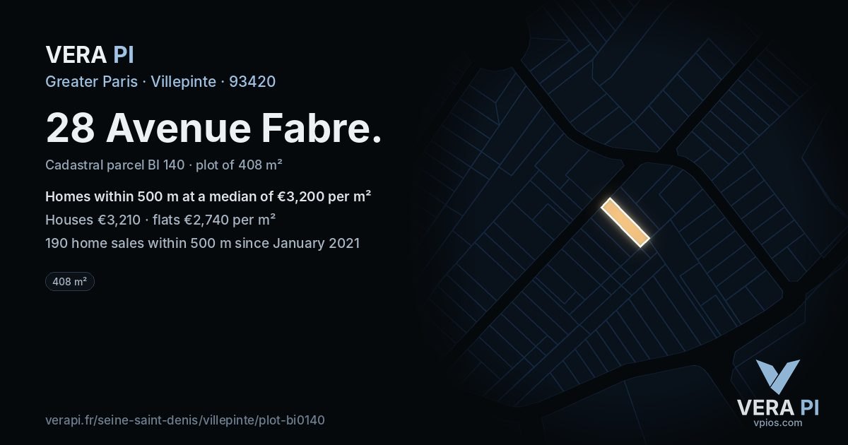 28 Avenue Fabre, Villepinte at night – the plot lit, the parcels around coloured by the prices near them