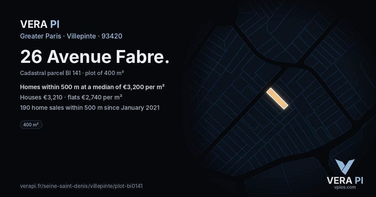 26 Avenue Fabre, Villepinte at night – the plot lit, the parcels around coloured by the prices near them