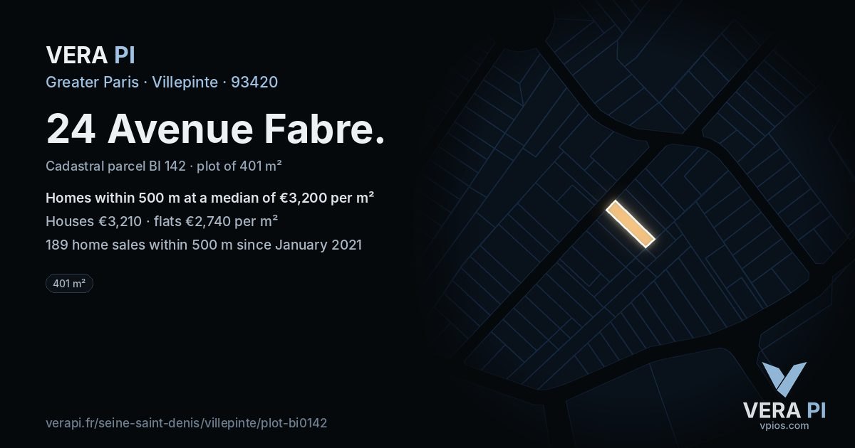 24 Avenue Fabre, Villepinte at night – the plot lit, the parcels around coloured by the prices near them