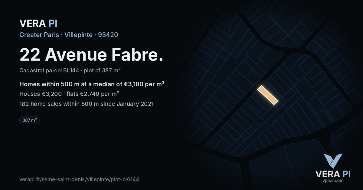22 Avenue Fabre, Villepinte at night – the plot lit, the parcels around coloured by the prices near them