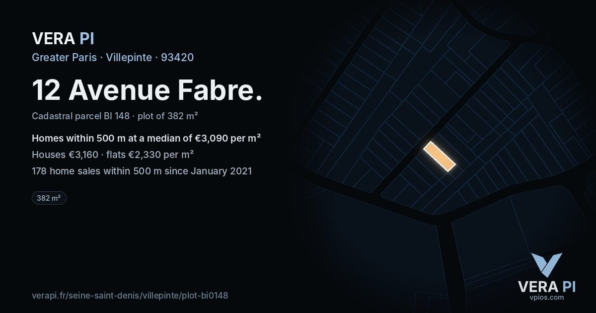 12 Avenue Fabre, Villepinte at night – the plot lit, the parcels around coloured by the prices near them