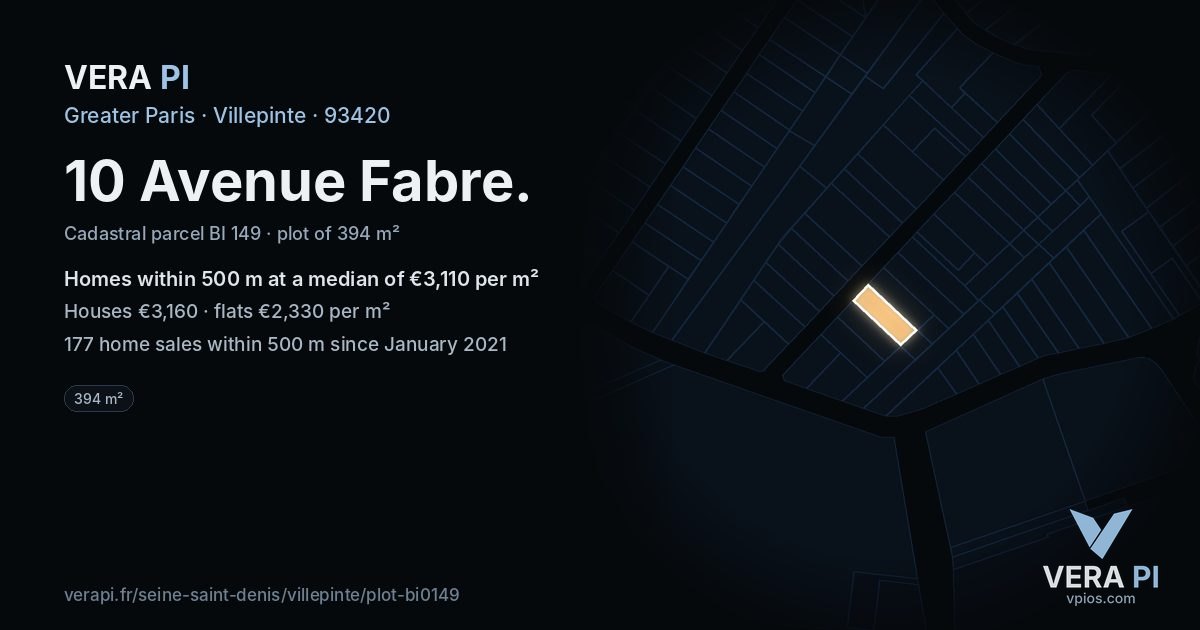 10 Avenue Fabre, Villepinte at night – the plot lit, the parcels around coloured by the prices near them