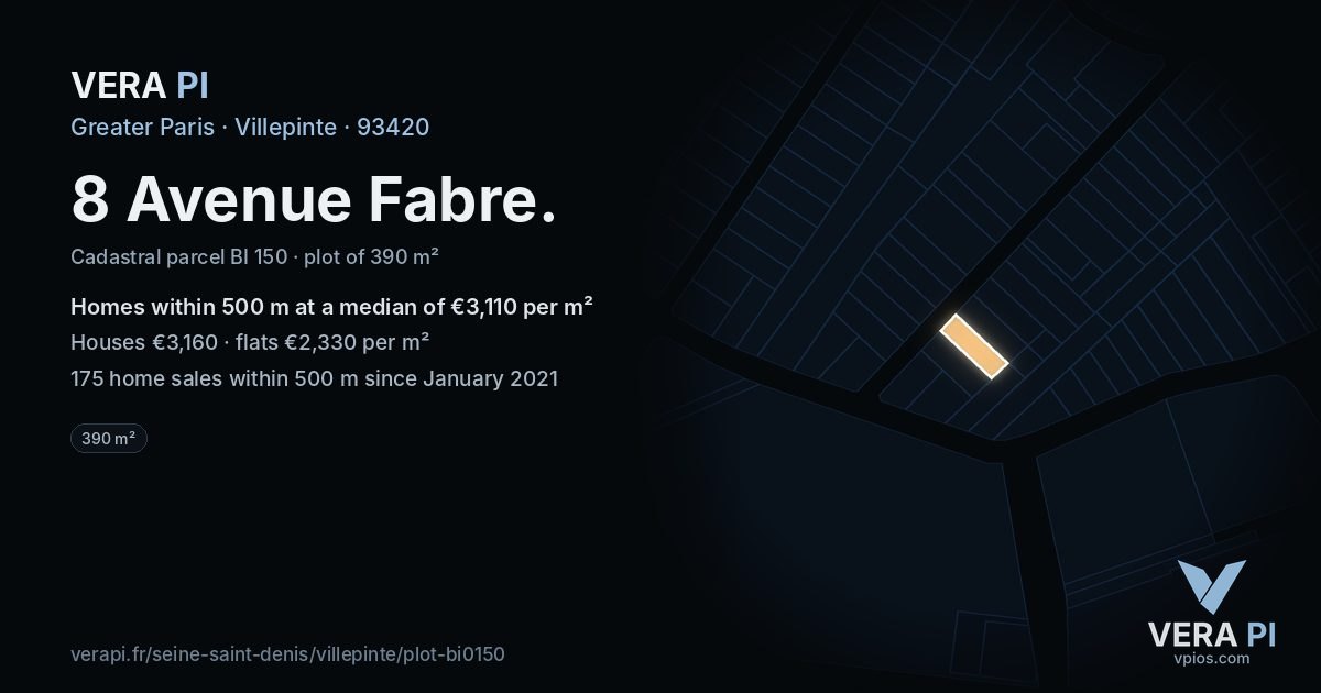 8 Avenue Fabre, Villepinte at night – the plot lit, the parcels around coloured by the prices near them