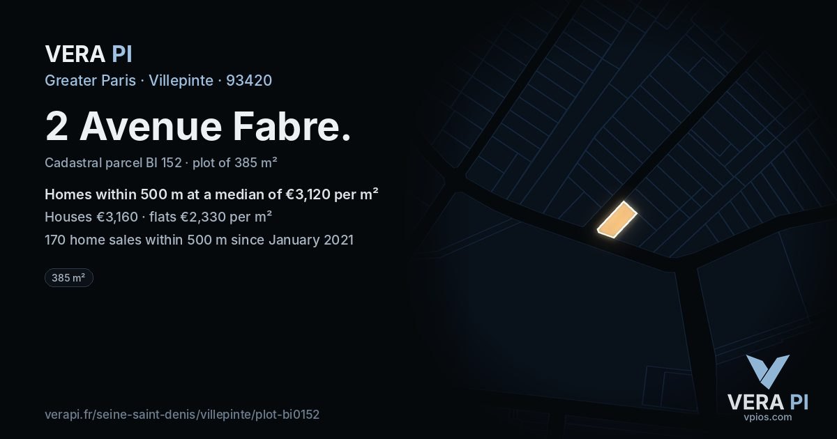 2 Avenue Fabre, Villepinte at night – the plot lit, the parcels around coloured by the prices near them