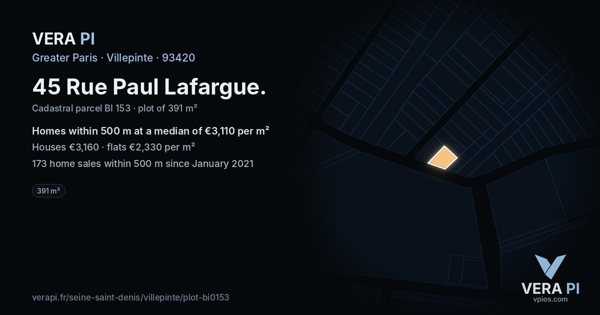 45 Rue Paul Lafargue, Villepinte at night – the plot lit, the parcels around coloured by the prices near them