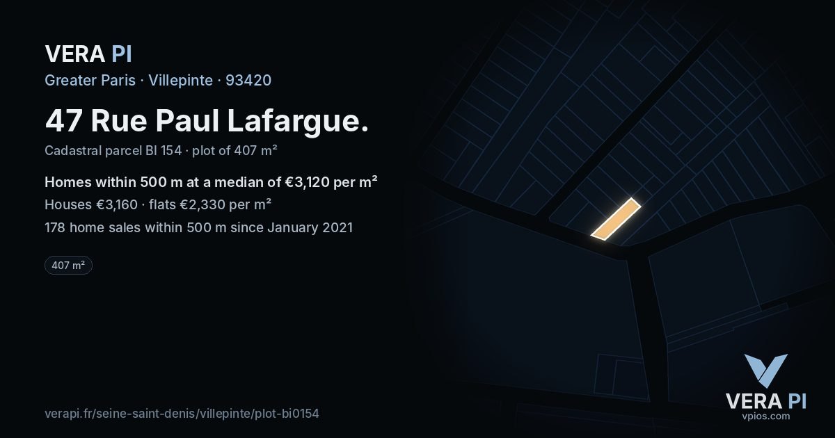 47 Rue Paul Lafargue, Villepinte at night – the plot lit, the parcels around coloured by the prices near them