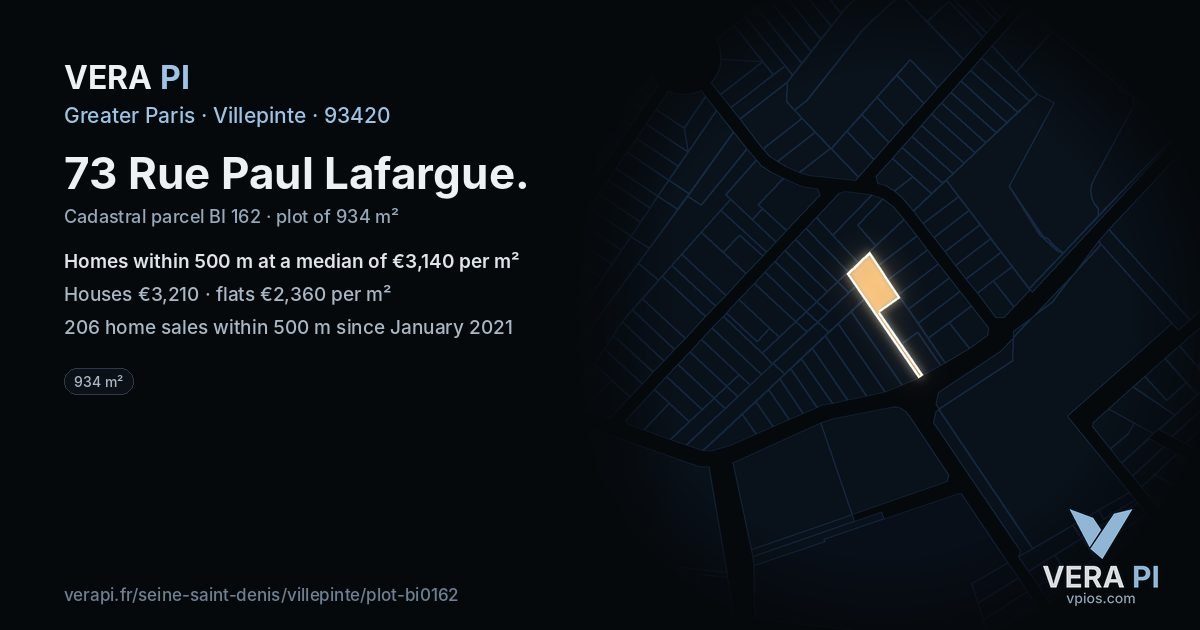 73 Rue Paul Lafargue, Villepinte at night – the plot lit, the parcels around coloured by the prices near them