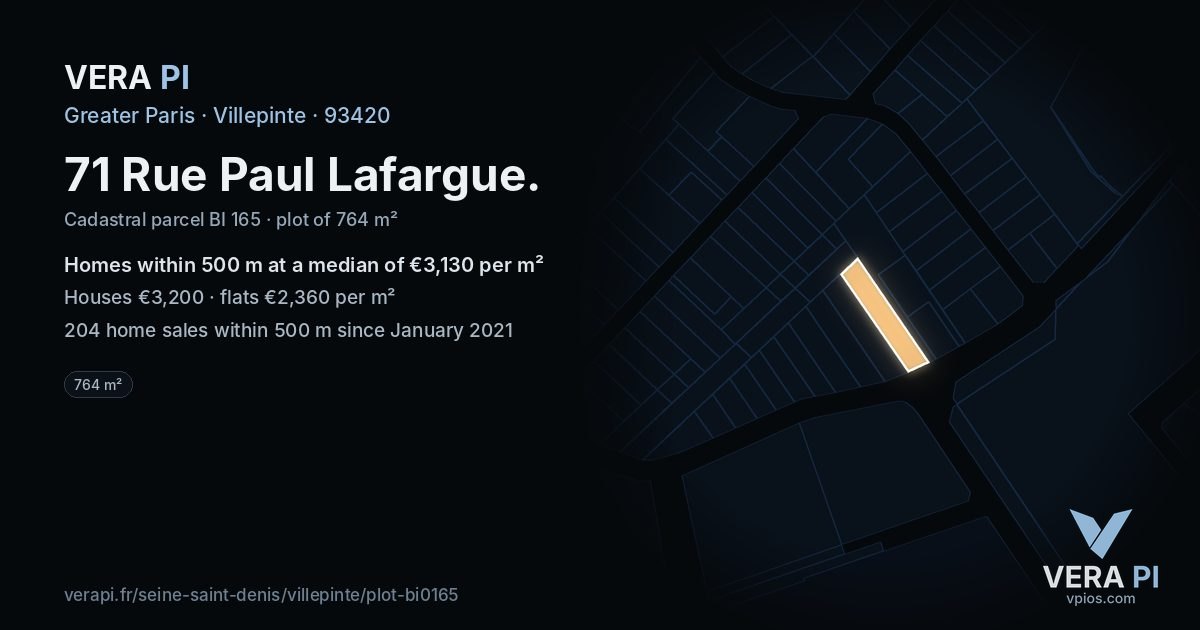 71 Rue Paul Lafargue, Villepinte at night – the plot lit, the parcels around coloured by the prices near them