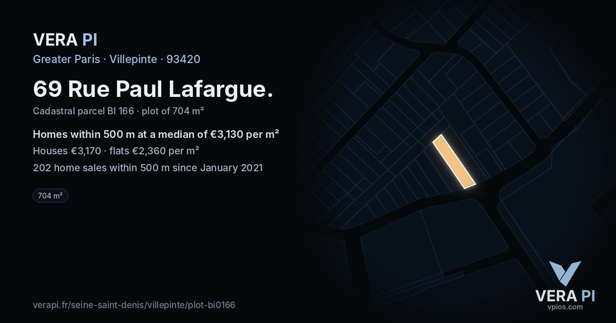 69 Rue Paul Lafargue, Villepinte at night – the plot lit, the parcels around coloured by the prices near them