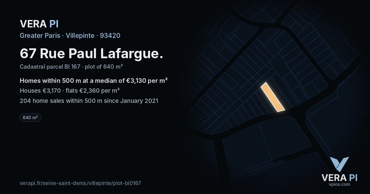 67 Rue Paul Lafargue, Villepinte at night – the plot lit, the parcels around coloured by the prices near them