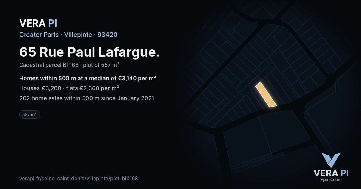 65 Rue Paul Lafargue, Villepinte at night – the plot lit, the parcels around coloured by the prices near them
