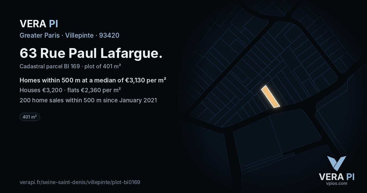 63 Rue Paul Lafargue, Villepinte at night – the plot lit, the parcels around coloured by the prices near them