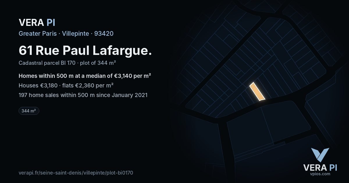 61 Rue Paul Lafargue, Villepinte at night – the plot lit, the parcels around coloured by the prices near them