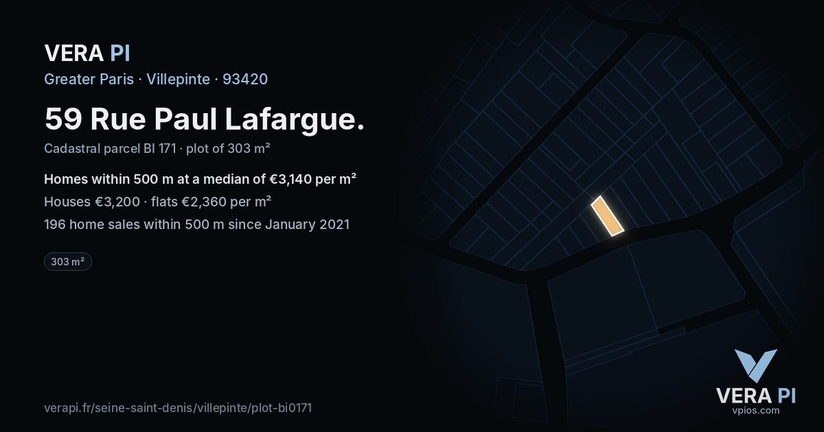 59 Rue Paul Lafargue, Villepinte at night – the plot lit, the parcels around coloured by the prices near them
