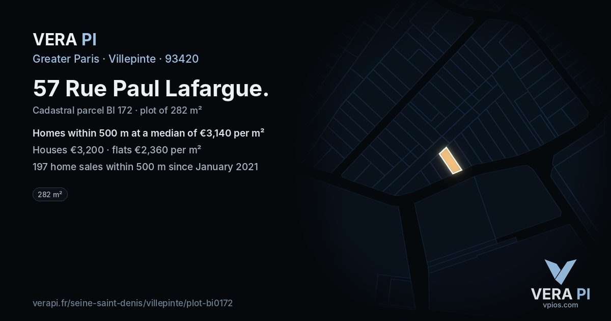 57 Rue Paul Lafargue, Villepinte at night – the plot lit, the parcels around coloured by the prices near them