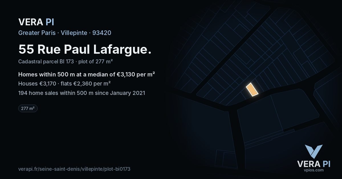 55 Rue Paul Lafargue, Villepinte at night – the plot lit, the parcels around coloured by the prices near them