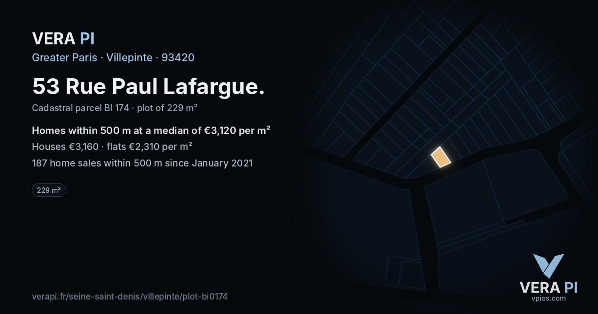 53 Rue Paul Lafargue, Villepinte at night – the plot lit, the parcels around coloured by the prices near them