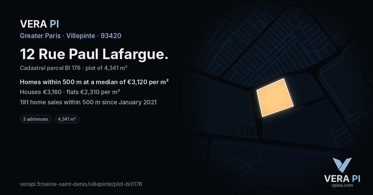 12 Rue Paul Lafargue, Villepinte at night – the plot lit, the parcels around coloured by the prices near them