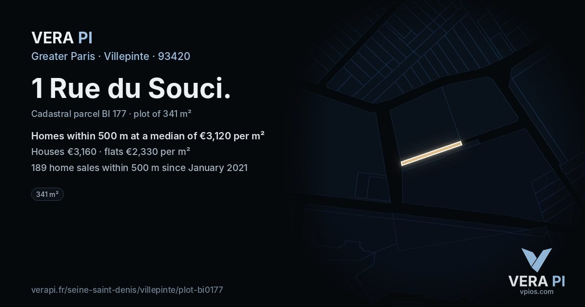 1 Rue du Souci, Villepinte at night – the plot lit, the parcels around coloured by the prices near them