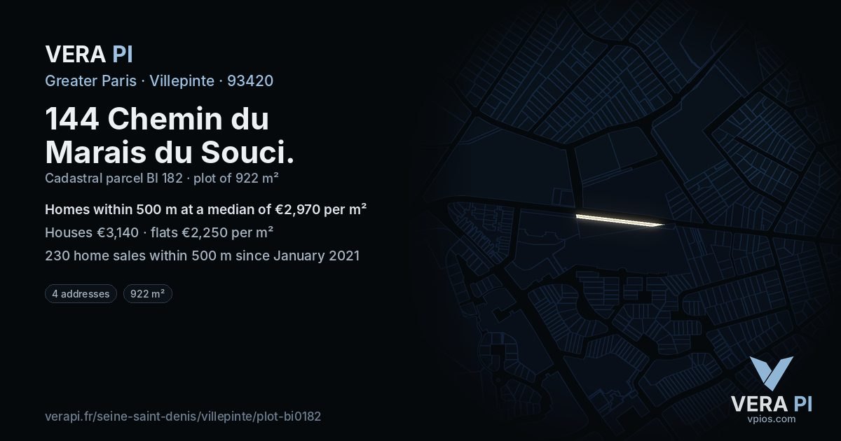 144 Chemin du Marais du Souci, Villepinte at night – the plot lit, the parcels around coloured by the prices near them