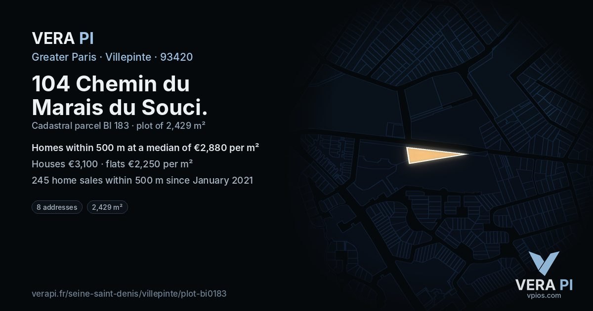 104 Chemin du Marais du Souci, Villepinte at night – the plot lit, the parcels around coloured by the prices near them