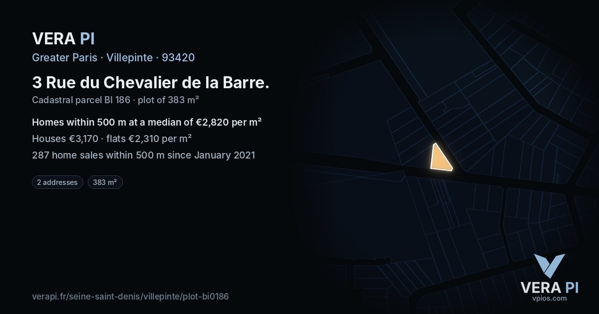 3 Rue du Chevalier de la Barre, Villepinte at night – the plot lit, the parcels around coloured by the prices near them