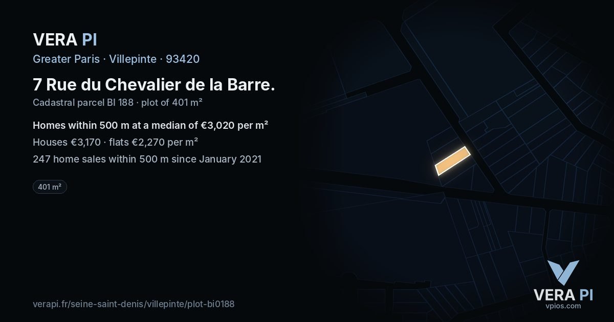 7 Rue du Chevalier de la Barre, Villepinte at night – the plot lit, the parcels around coloured by the prices near them
