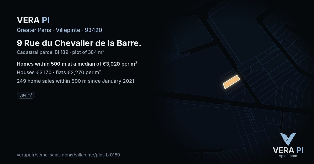 9 Rue du Chevalier de la Barre, Villepinte at night – the plot lit, the parcels around coloured by the prices near them