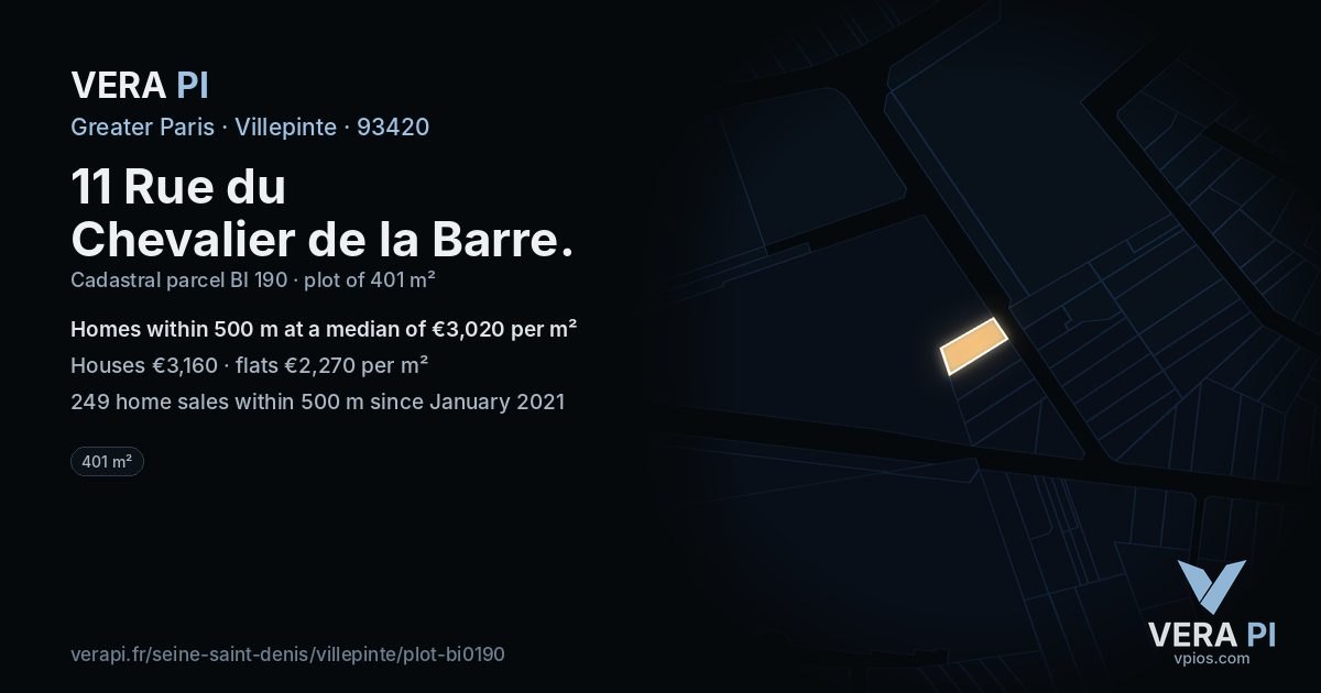 11 Rue du Chevalier de la Barre, Villepinte at night – the plot lit, the parcels around coloured by the prices near them