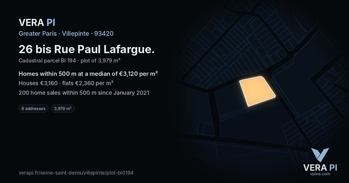 26 bis Rue Paul Lafargue, Villepinte at night – the plot lit, the parcels around coloured by the prices near them