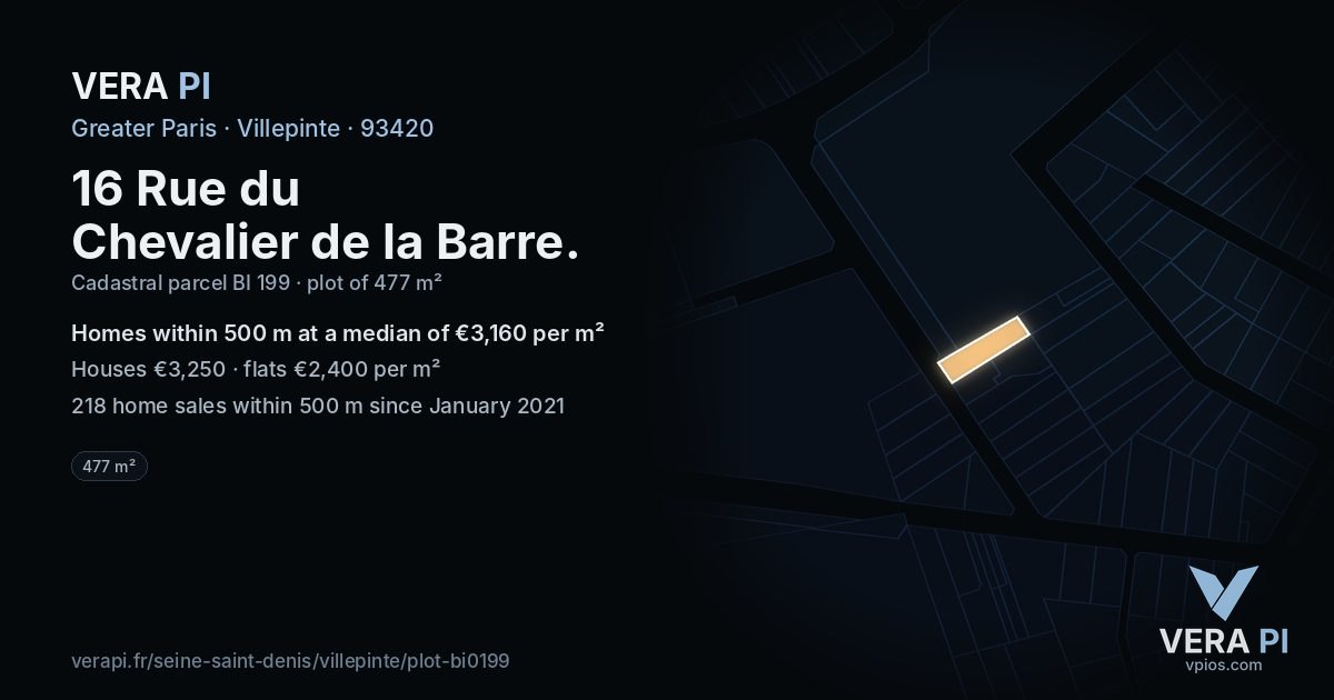 16 Rue du Chevalier de la Barre, Villepinte at night – the plot lit, the parcels around coloured by the prices near them