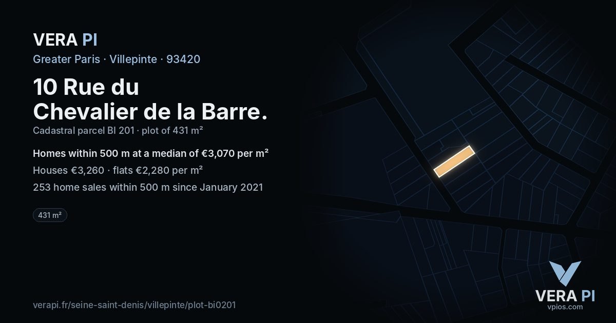 10 Rue du Chevalier de la Barre, Villepinte at night – the plot lit, the parcels around coloured by the prices near them