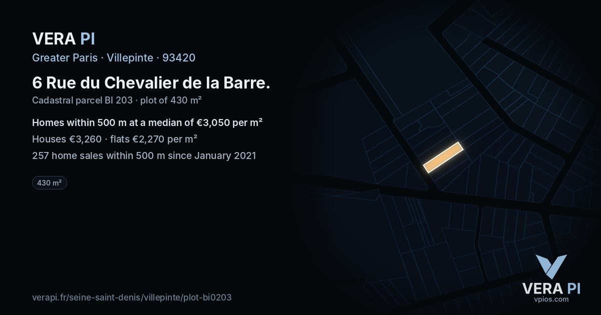 6 Rue du Chevalier de la Barre, Villepinte at night – the plot lit, the parcels around coloured by the prices near them