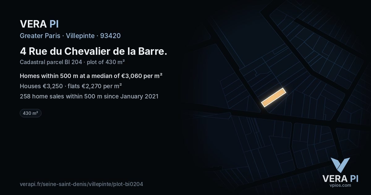 4 Rue du Chevalier de la Barre, Villepinte at night – the plot lit, the parcels around coloured by the prices near them