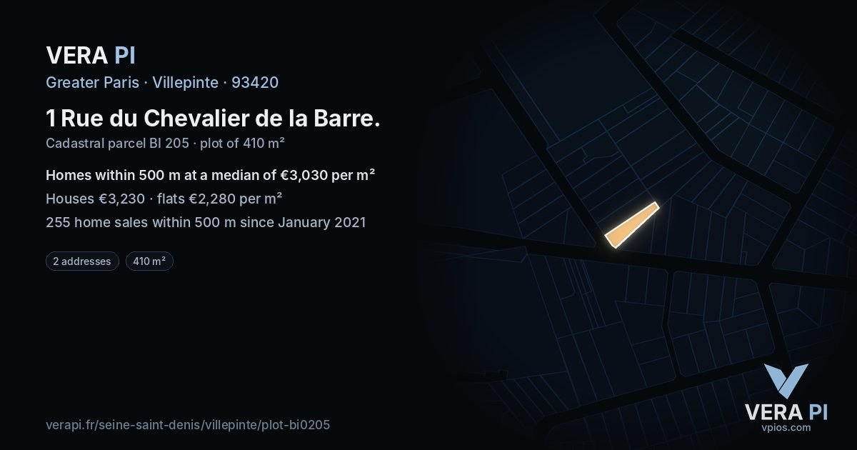 1 Rue du Chevalier de la Barre, Villepinte at night – the plot lit, the parcels around coloured by the prices near them