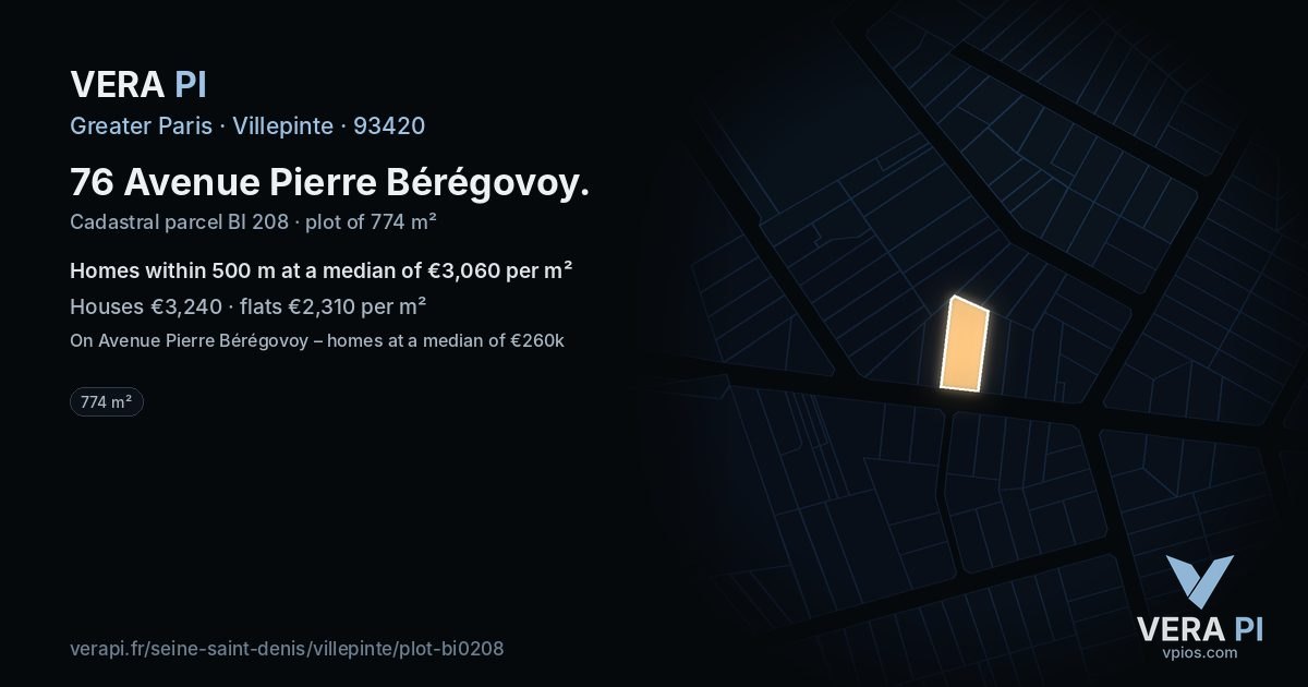 76 Avenue Pierre Bérégovoy, Villepinte at night – the plot lit, the parcels around coloured by the prices near them