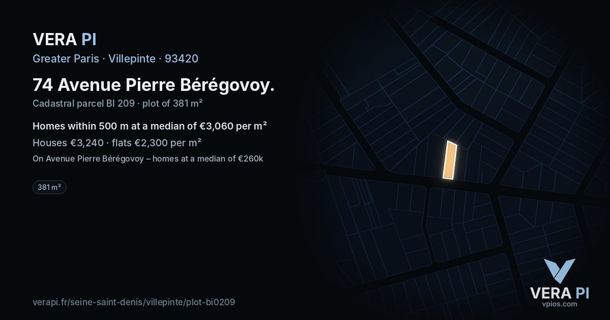 74 Avenue Pierre Bérégovoy, Villepinte at night – the plot lit, the parcels around coloured by the prices near them