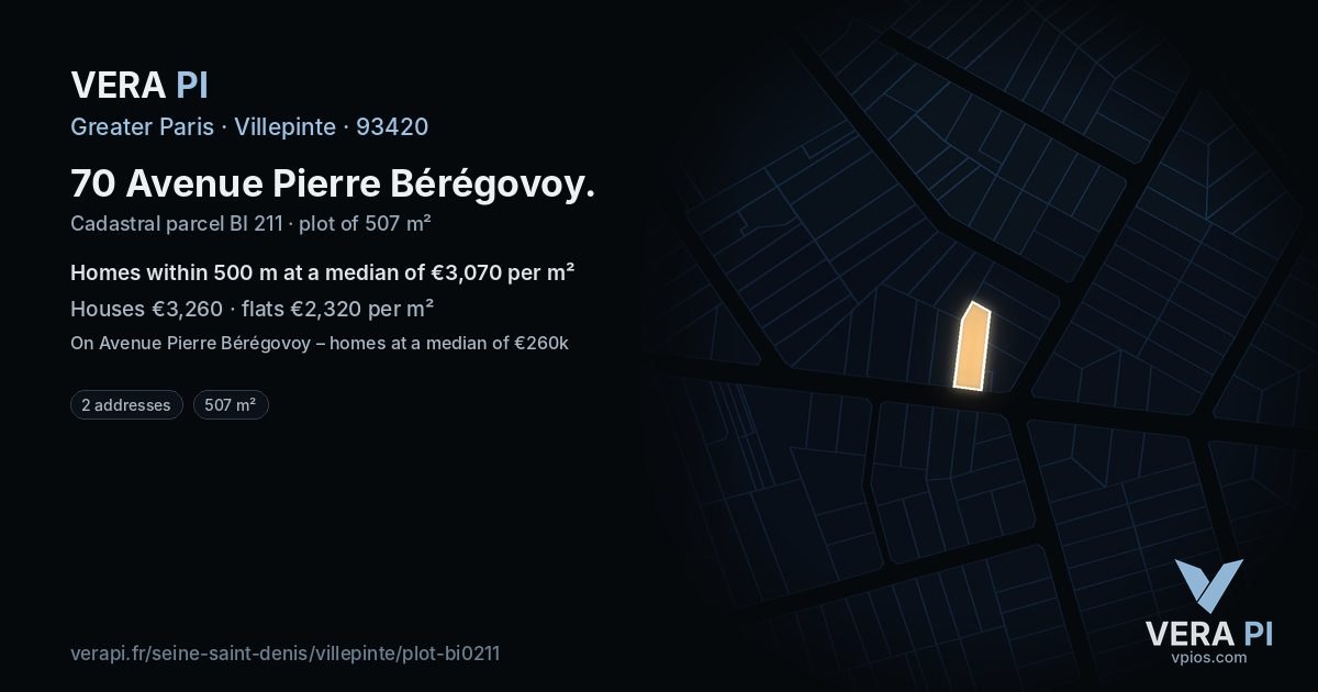 70 Avenue Pierre Bérégovoy, Villepinte at night – the plot lit, the parcels around coloured by the prices near them