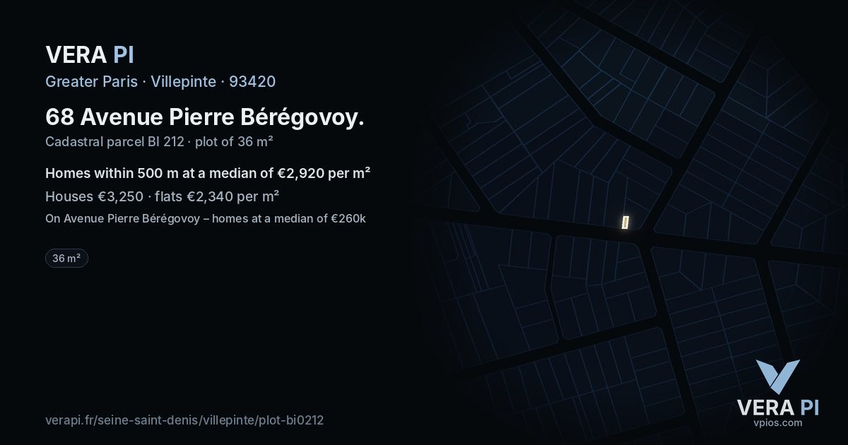 68 Avenue Pierre Bérégovoy, Villepinte at night – the plot lit, the parcels around coloured by the prices near them