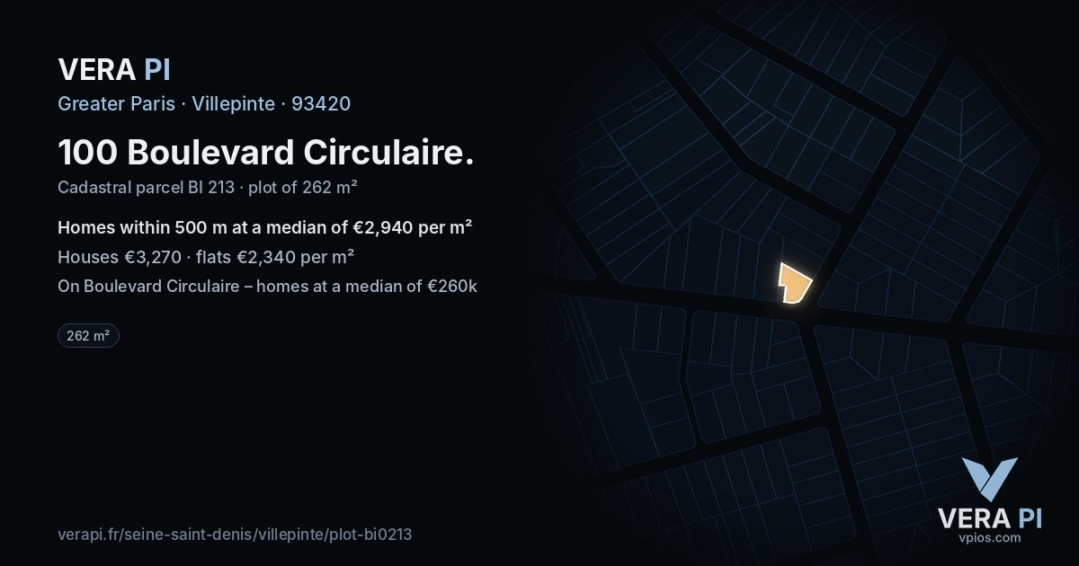 100 Boulevard Circulaire, Villepinte at night – the plot lit, the parcels around coloured by the prices near them
