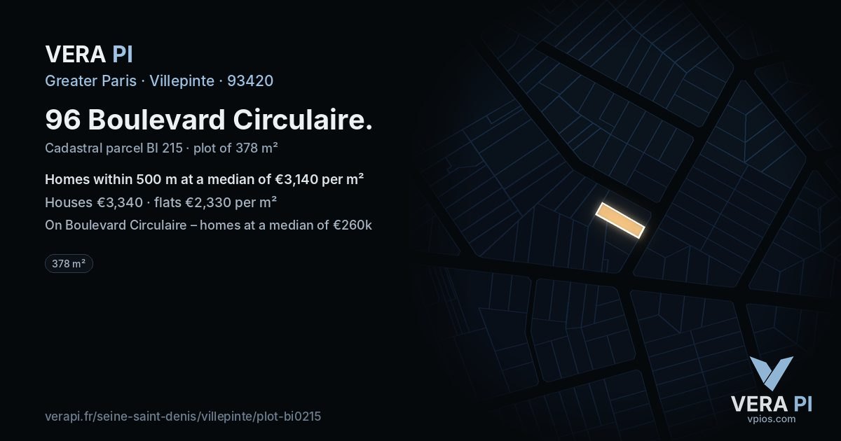 96 Boulevard Circulaire, Villepinte at night – the plot lit, the parcels around coloured by the prices near them